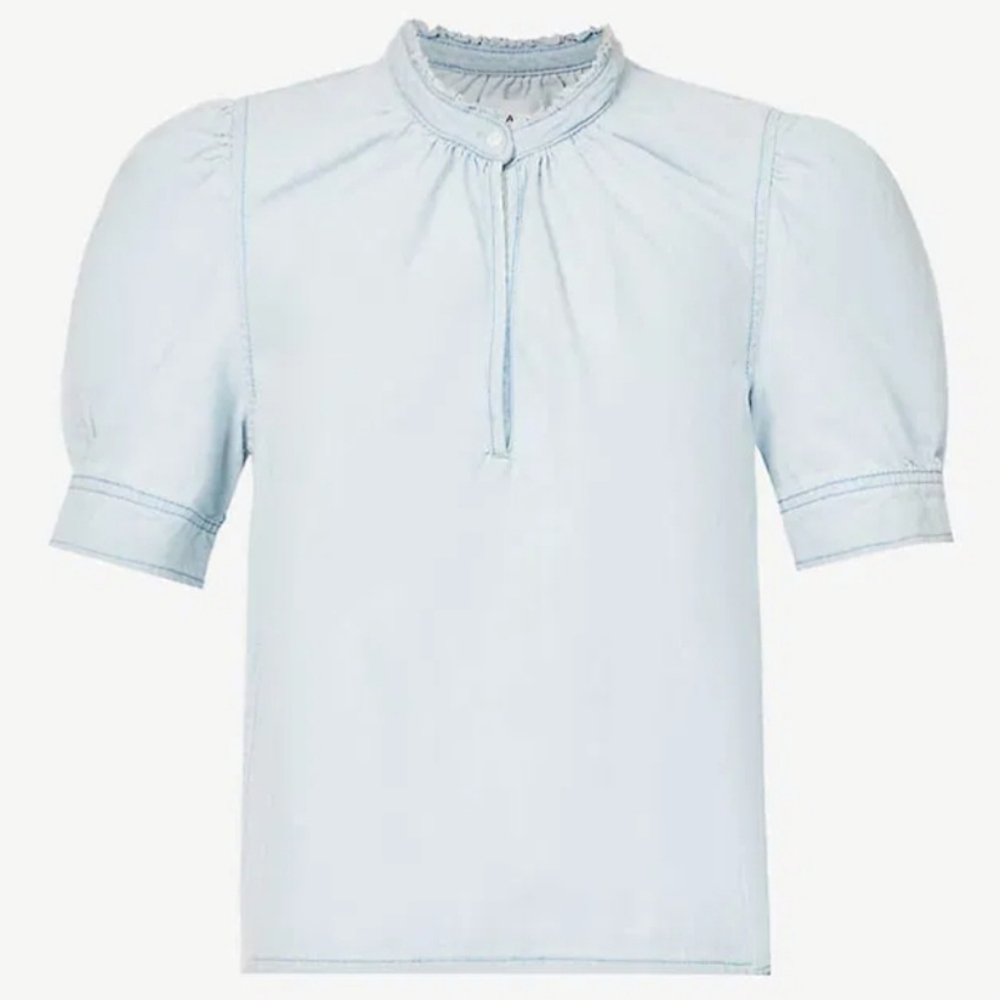 Frame Deep V Ruffle Collar Blue Puff Sleeve Blouse